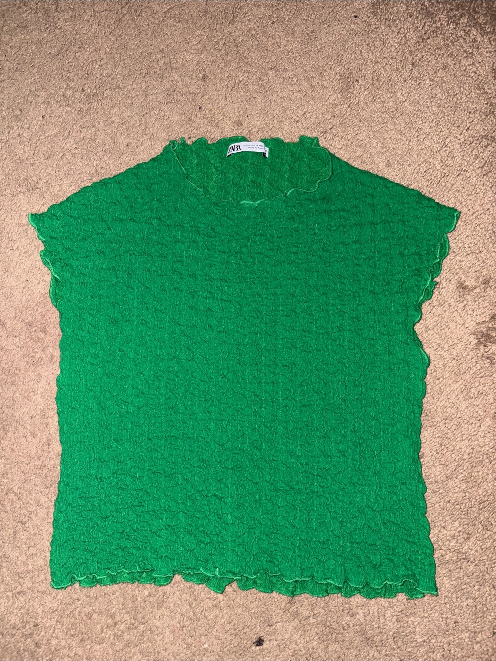 Zara Bright Green Textured Ruffled Sleeve Tee